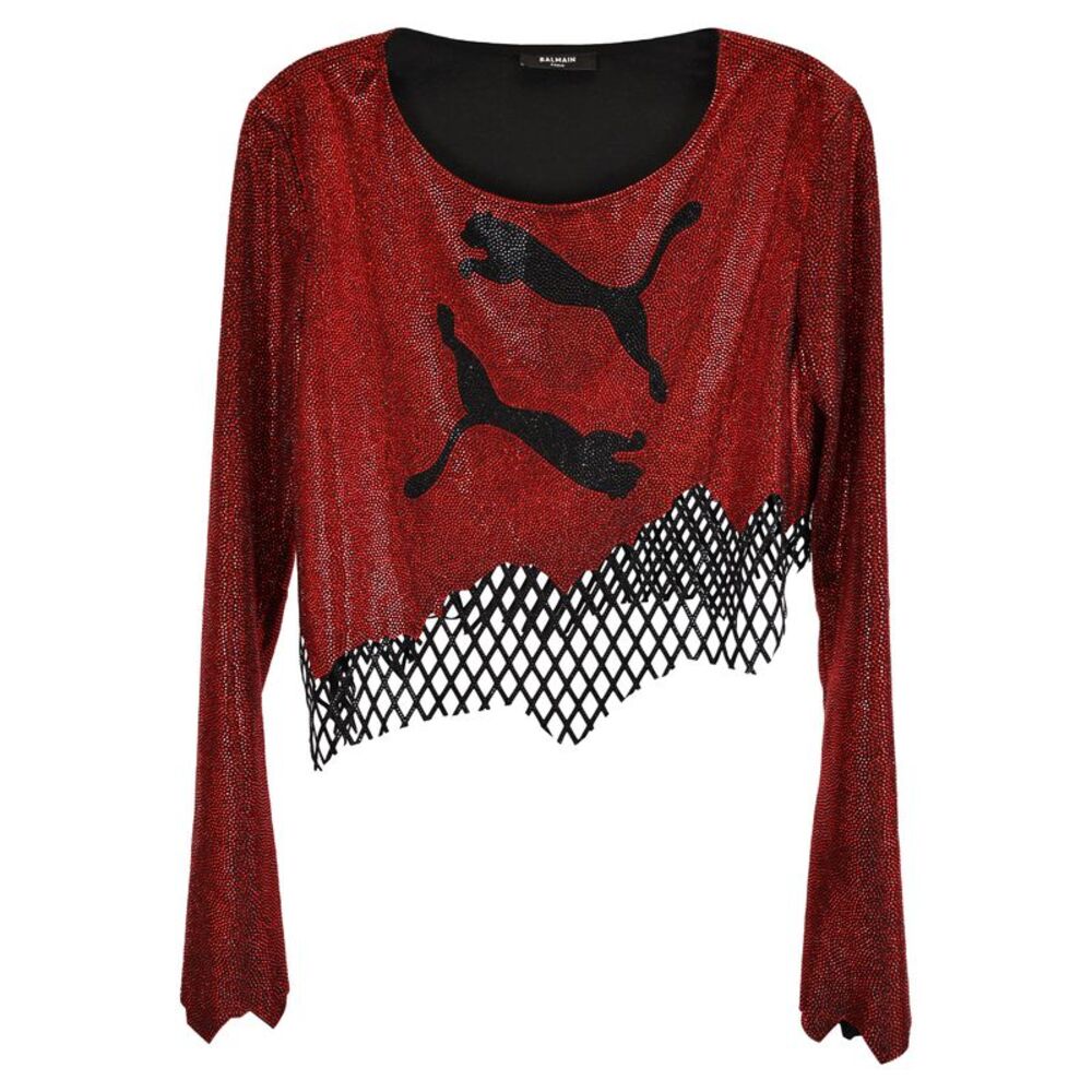 Balmain x Puma Rhine stoned Asymmetrical Crop Top in Red Polyester